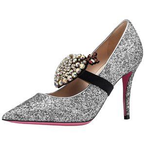 Gucci Glitter Silver Virginia Leather with Crystal Embellished Heart Pumps